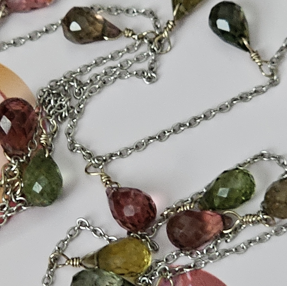 Elegant Multi-Color Gemstone Necklace,30 inch 18k stamped